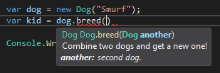 Sample use of the dog class in C# editor