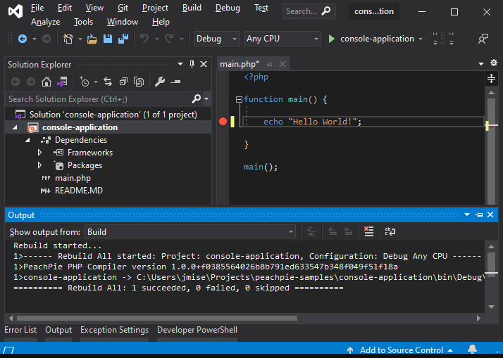.NET project in Visual Studio in the PHP language